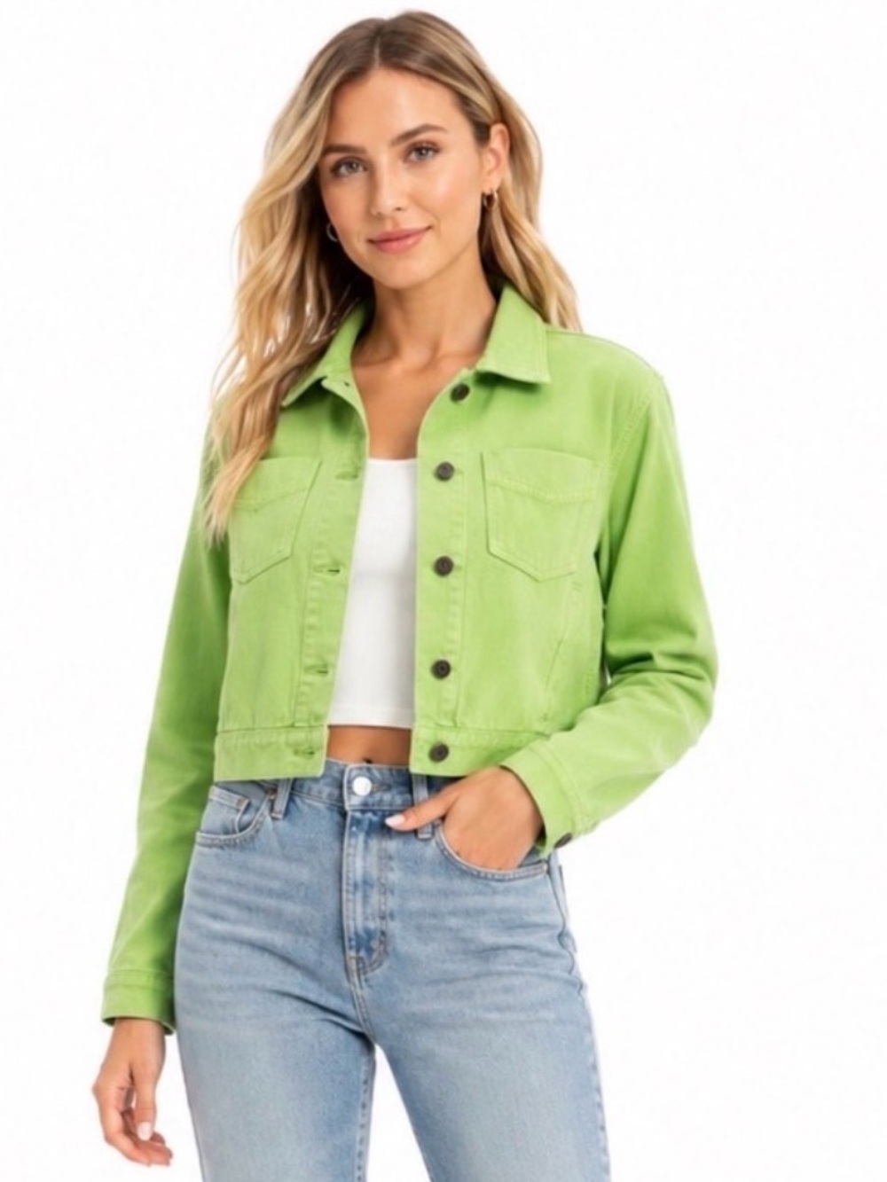 Anthro saltwater LUXE Neon Lime Cropped Denim Jacket size small